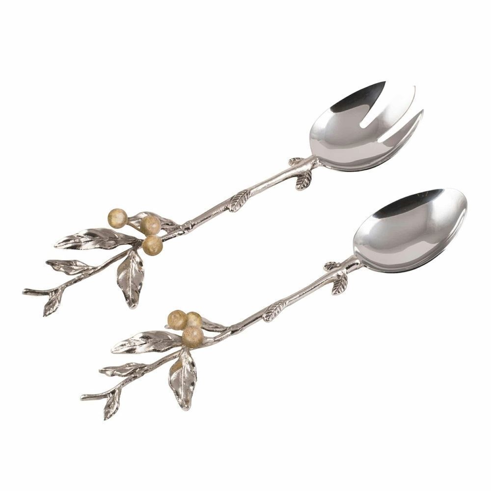 New! FITZ AND FLOYD 2-Piece Woodgrove Salad Servers Hand Crafted Stainless Steel